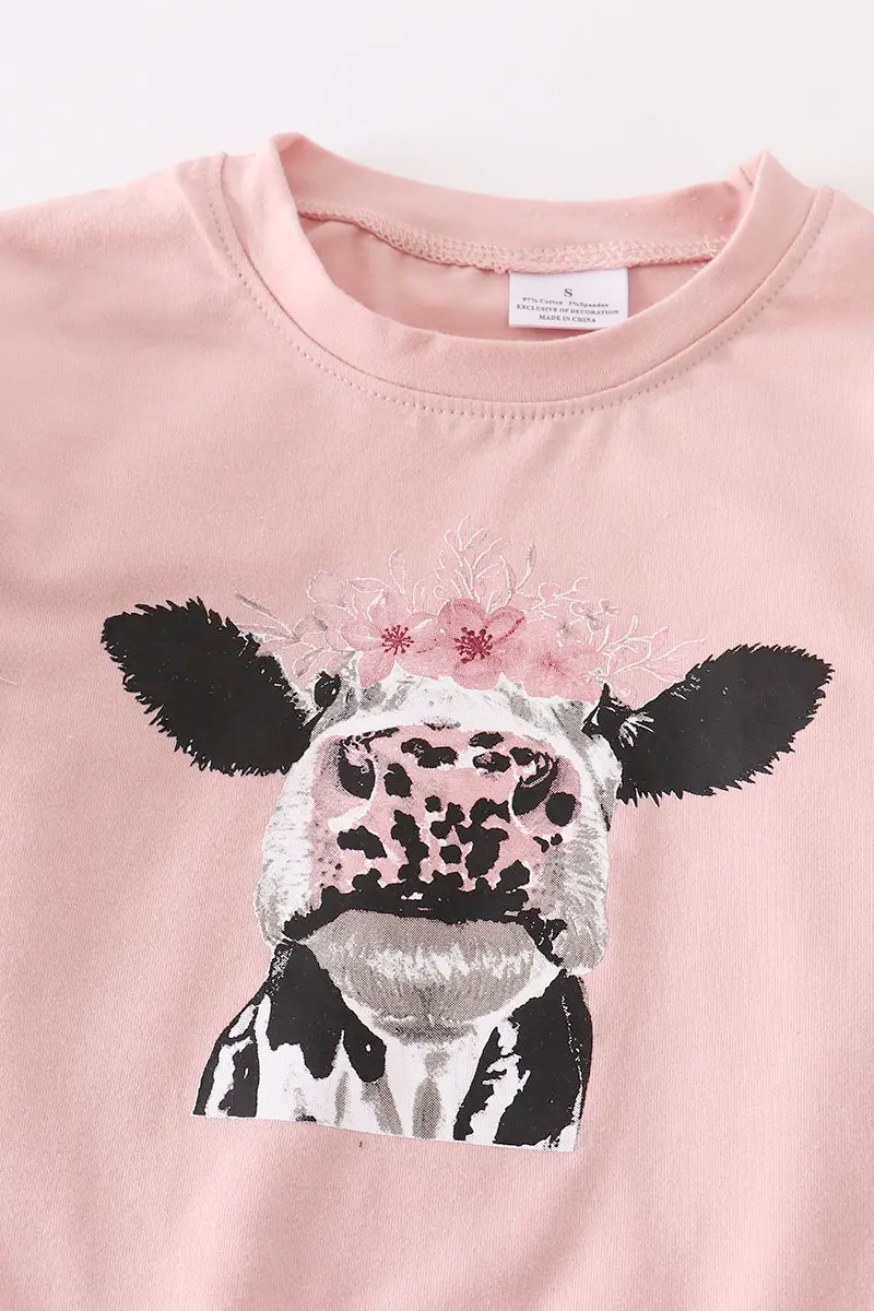 PINK COW RUFFLE GIRLS PANT SET