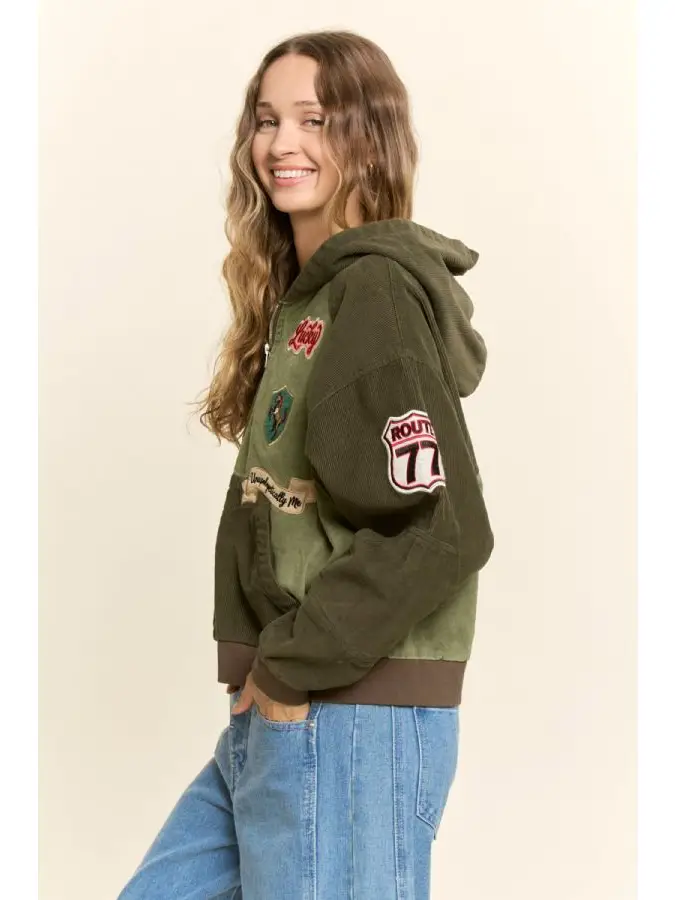 Vintage Patchwork Corduroy Hooded Jacket