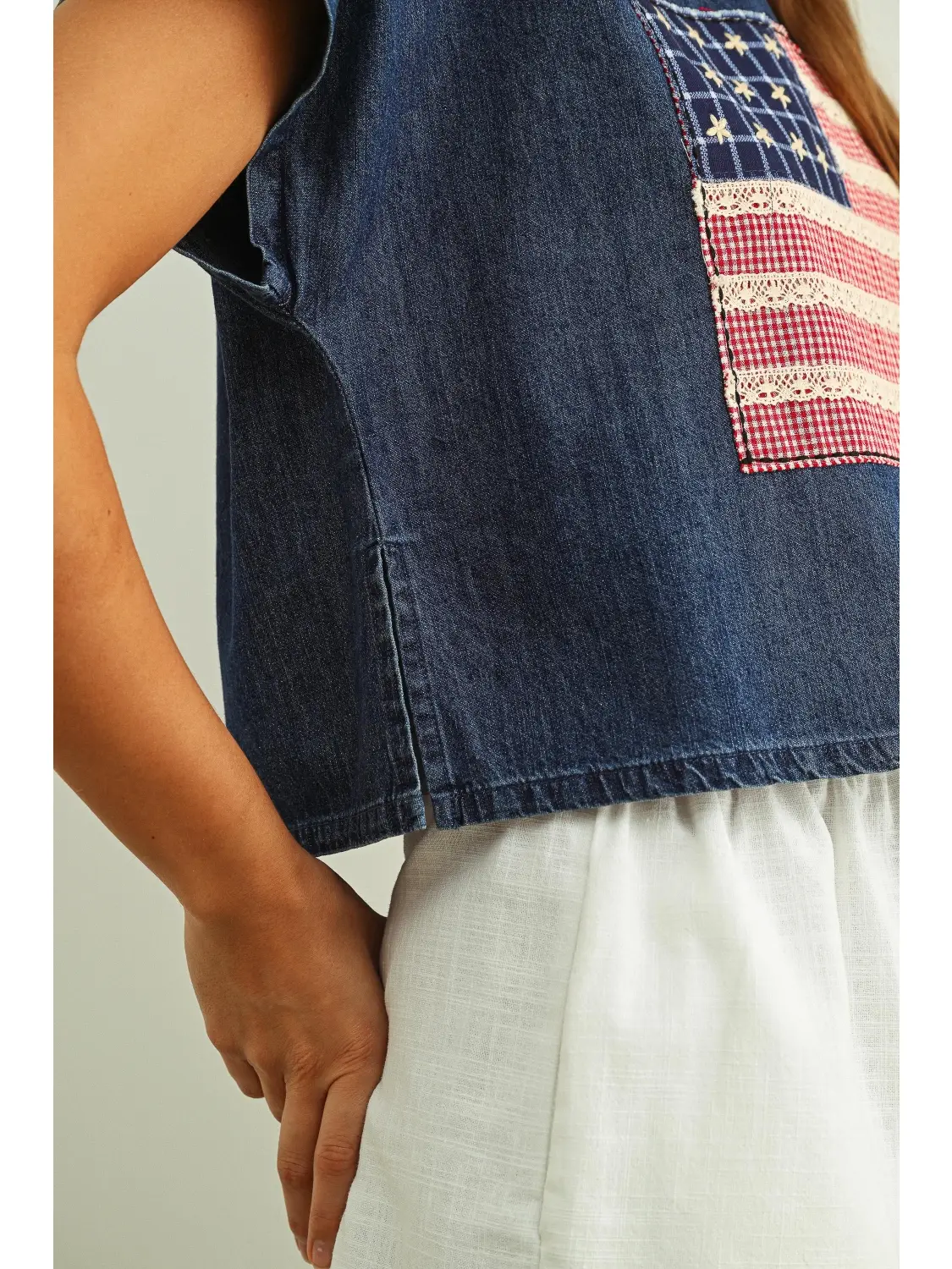 Mixed Fabric Flag Patched Dolman Sleeve Top