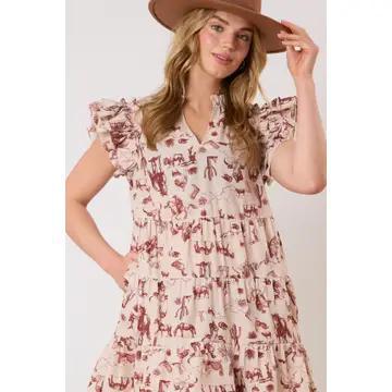 Western Print Sleeveless Mini Dress - Brown