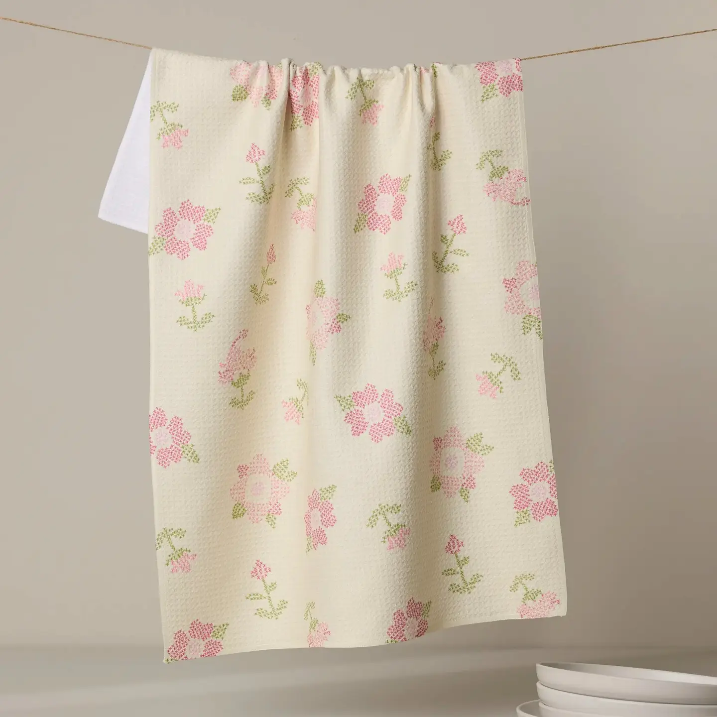 Cross Stitch Floral Yellow Tea Towel