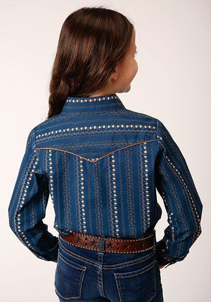 GIRLS L/S SHIRT SNAP RETRO PIPED FANCY YOKE 1724 NAVY/KHAKI FLORAL WALLPAPER PRT