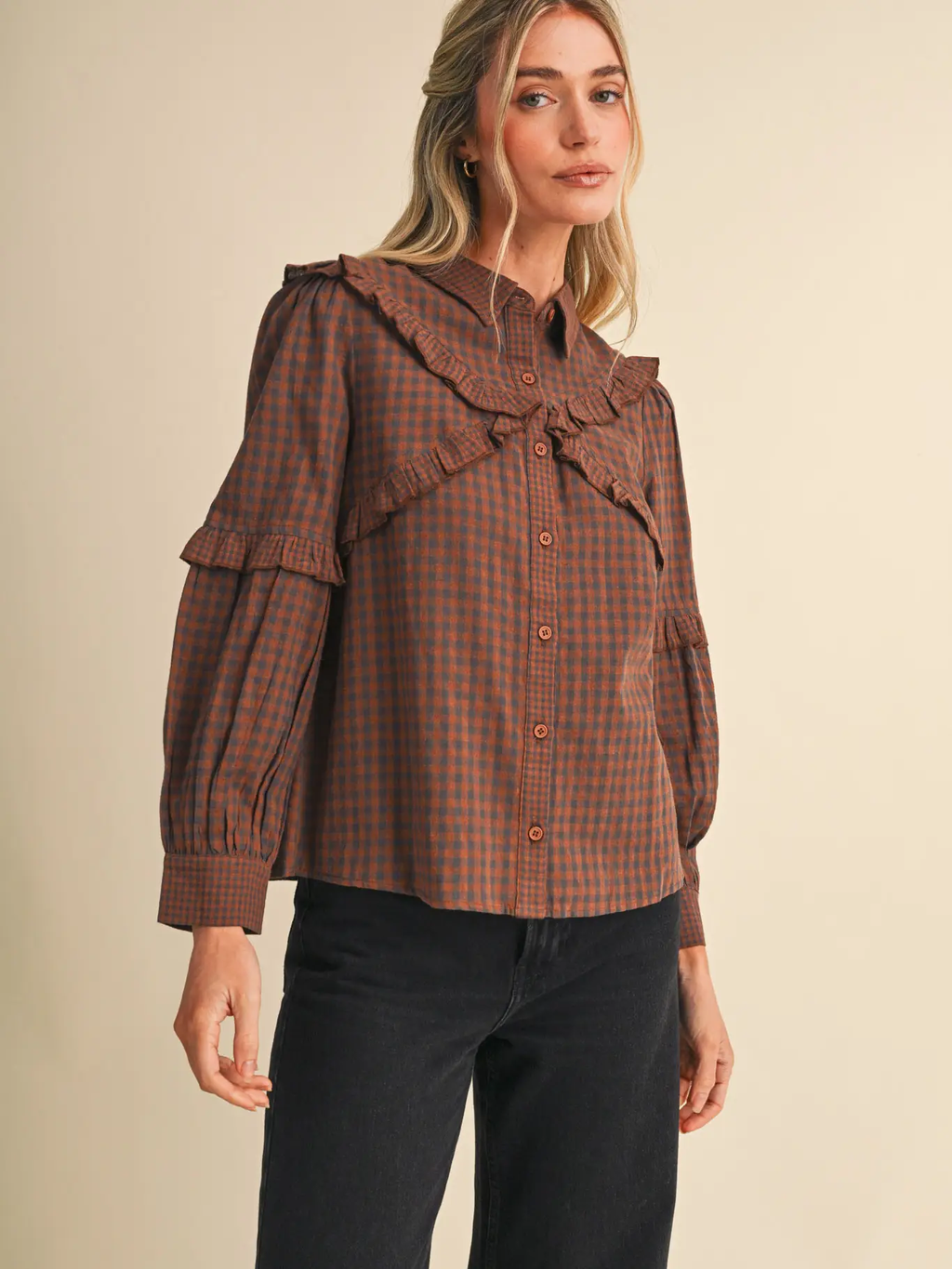 Ruffle Trim Checkered Button Down Top