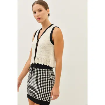 V-Neck Button-Down Crochet Sweater Top with Scallop Hem