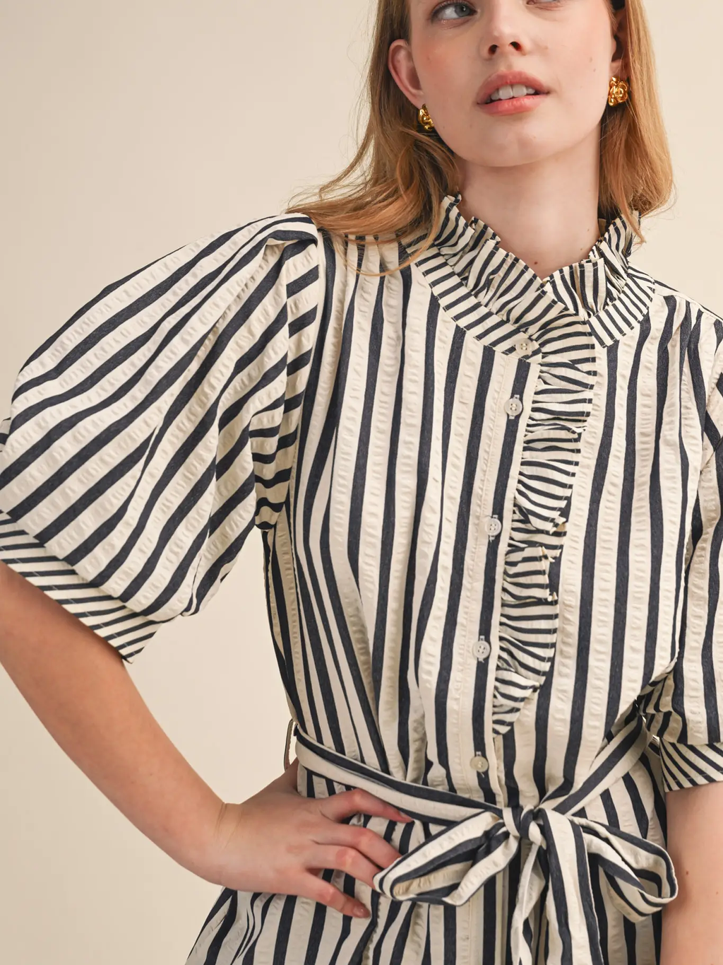 Striped Ruffled Button Down Mini Dress - BLACK STRIPE