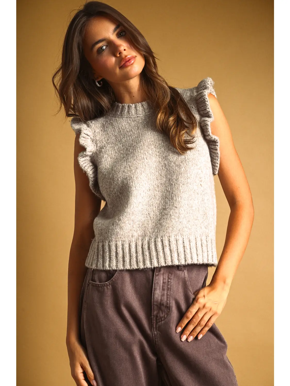 Ruffle Sleeve Sweater Top - OATMEAL