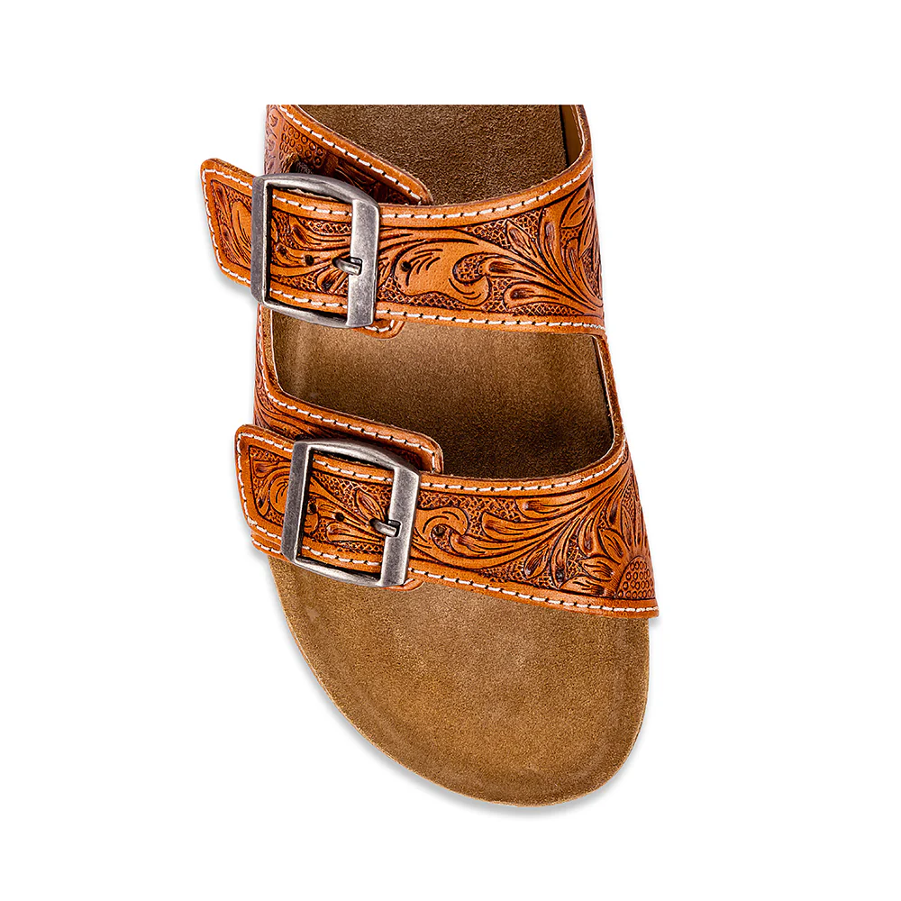 MYRA MOLLY MEGAN HANDTOOLED LEATHER SANDALS - EASY SLIP-ON DUAL BUCKLE LEATHER FLATS FOR WOMEN