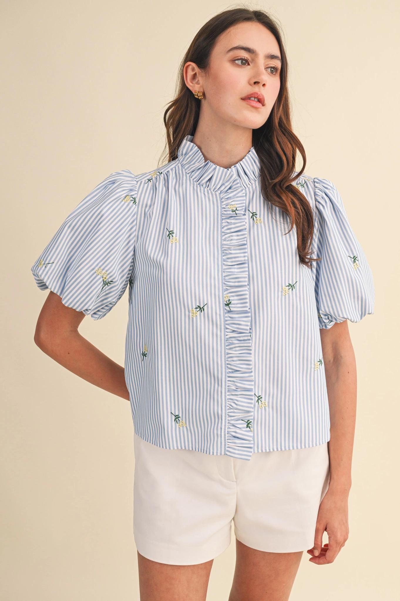 Floral Embroidery Striped Ruffled Button Down Top - Sky Blue Stripe