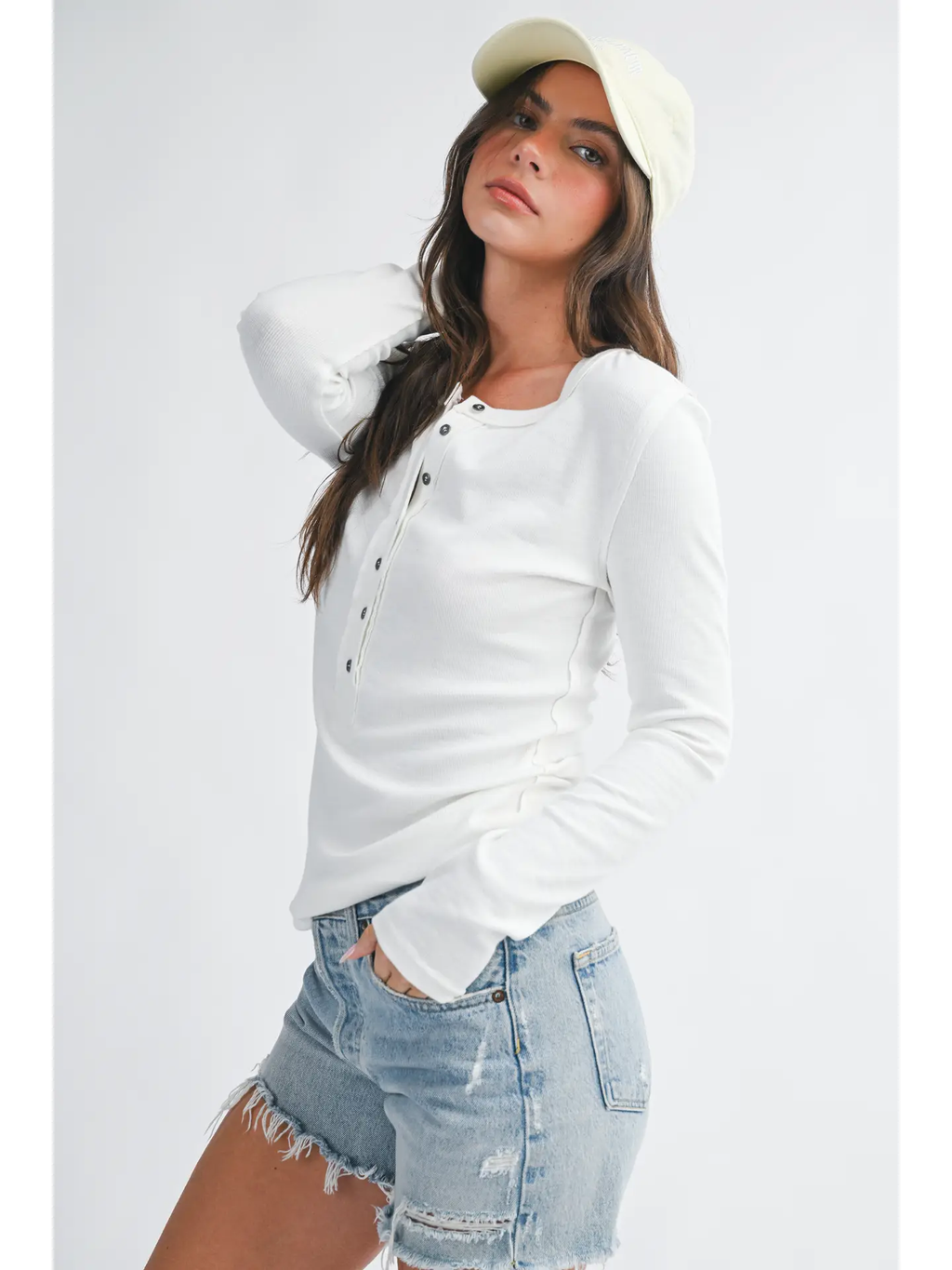 Henley Long Sleeve Top - WHITE