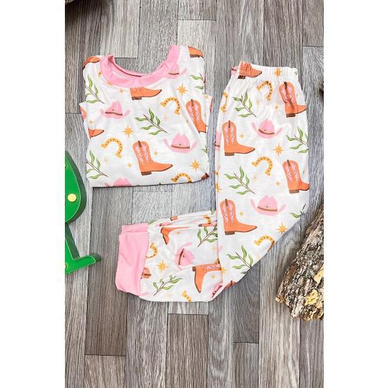 COWGIRL BOOTS & HATS W/ PINK TRIM PAJAMA SET