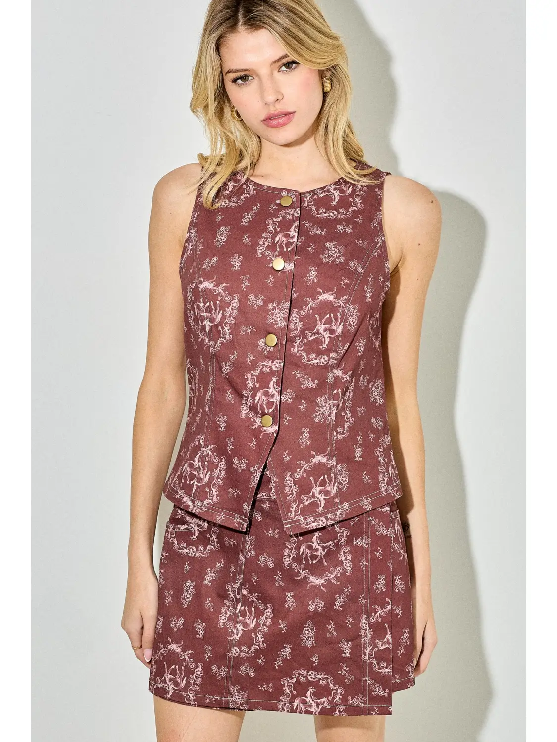 Horse Print Vest Top - BURGUNDY MULTI