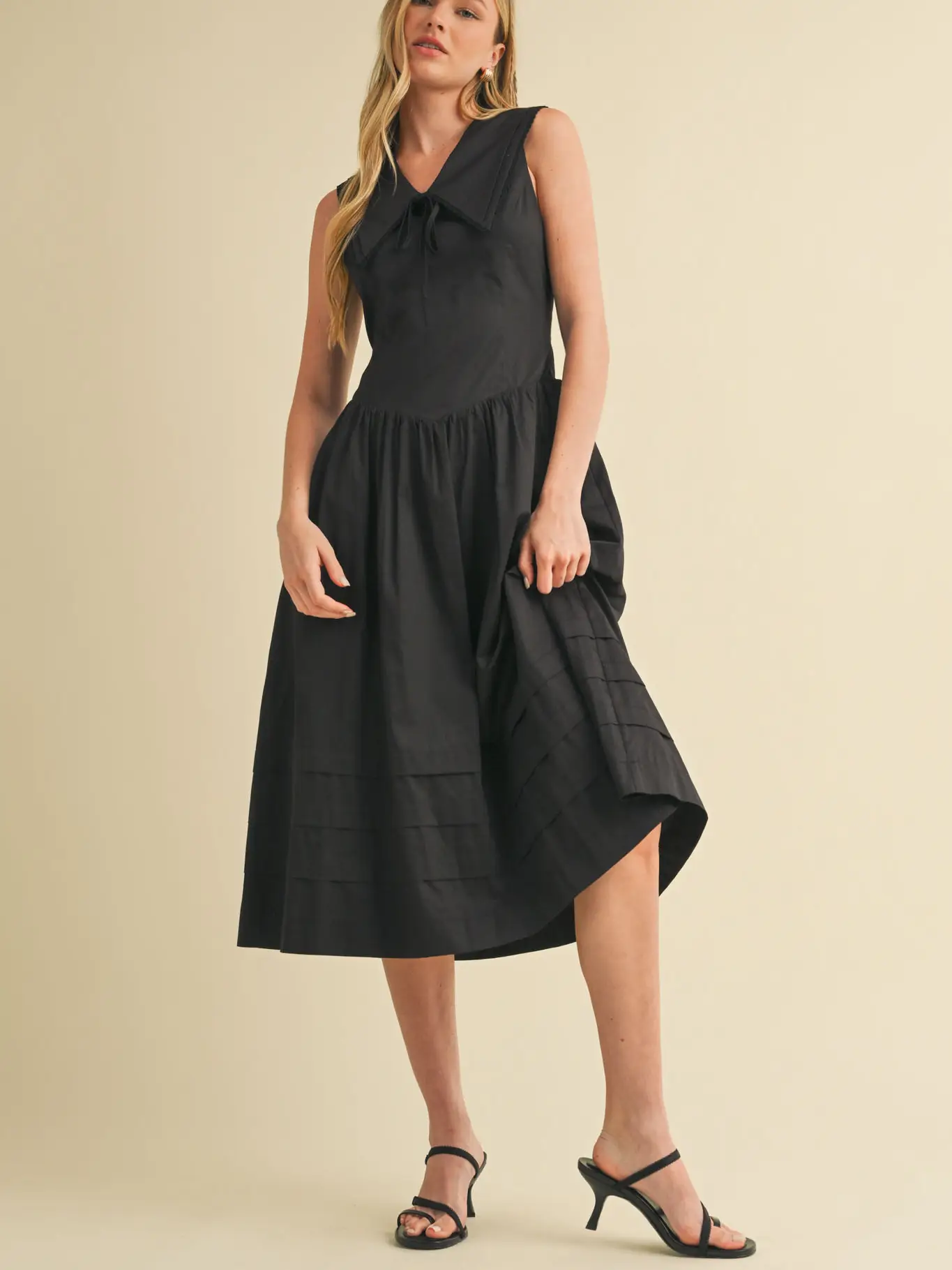 Doll Collar Lace Trim Midi Dress - BLACK