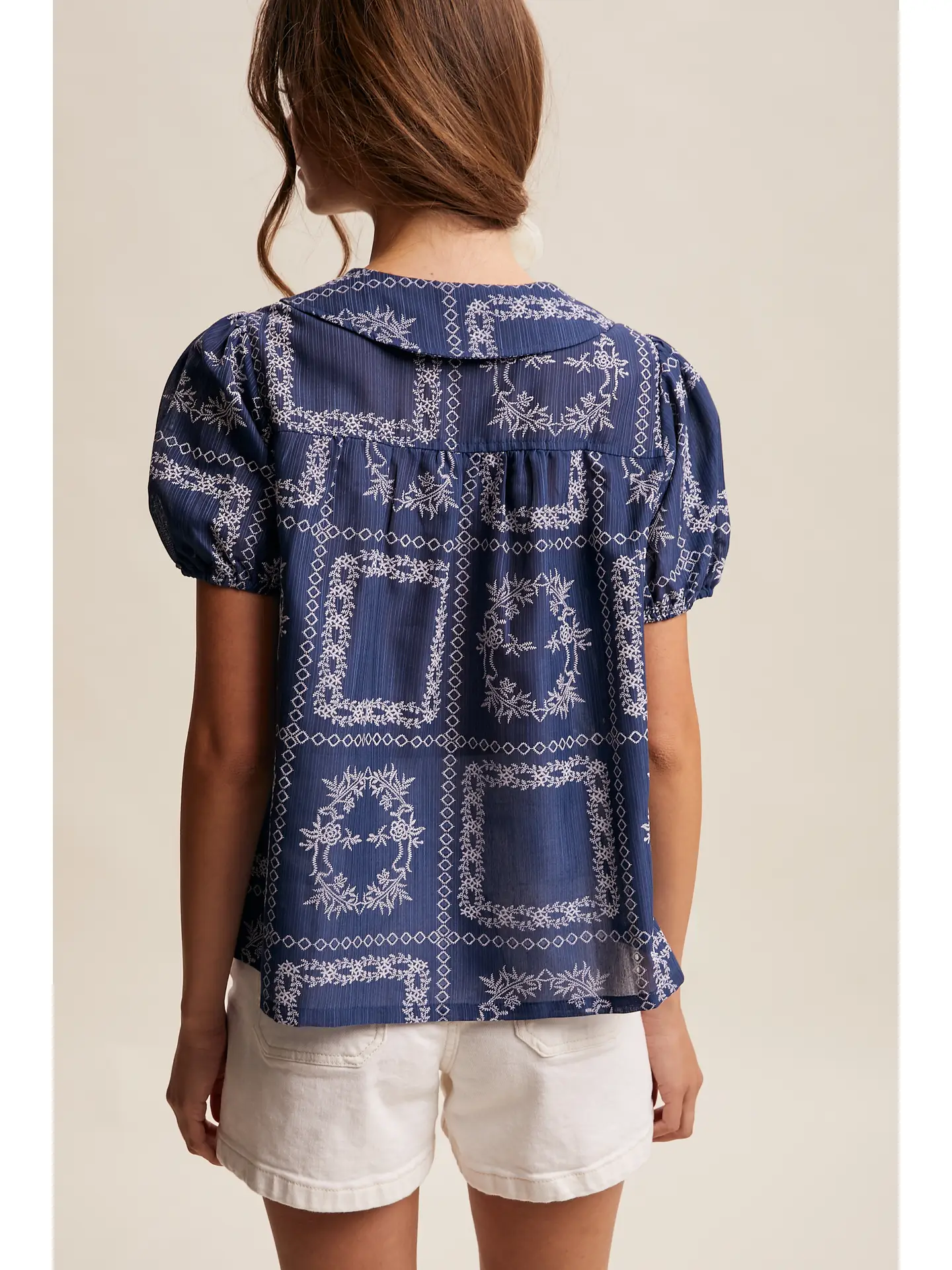 Embroidered Eyelet Puff Sleeve Blouse - NAVY