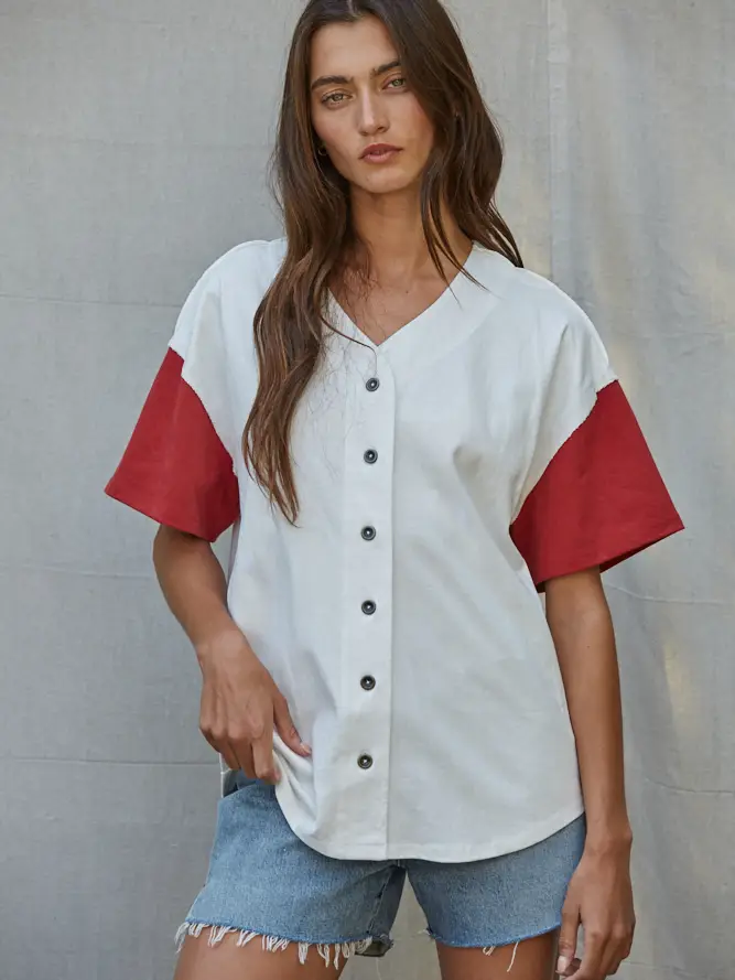 Knit Cotton Short Sleeve Button Down Baseball Shirt