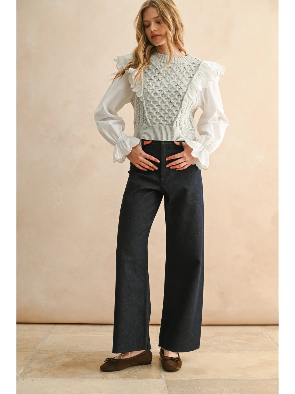 Ruffle Trimmed Long Sleeve Sweater Combo Blouse - Heather Grey