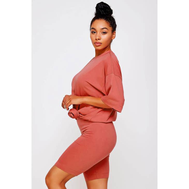 Knit Oversize Tee Shirt An Shorts Casual Biker Set - Rust
