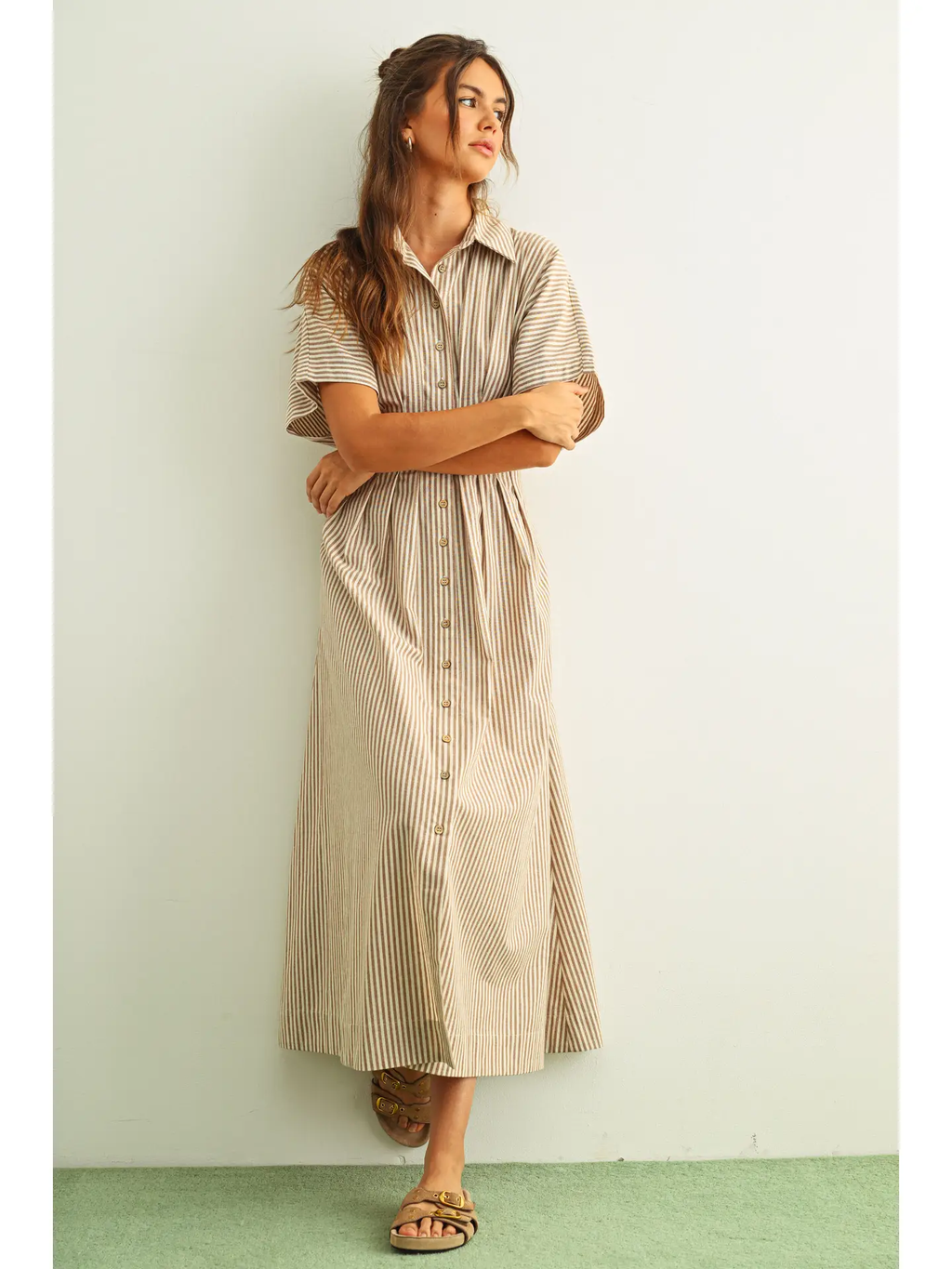 Striped Buttondown Shirt Dress - BROWN STRIPE
