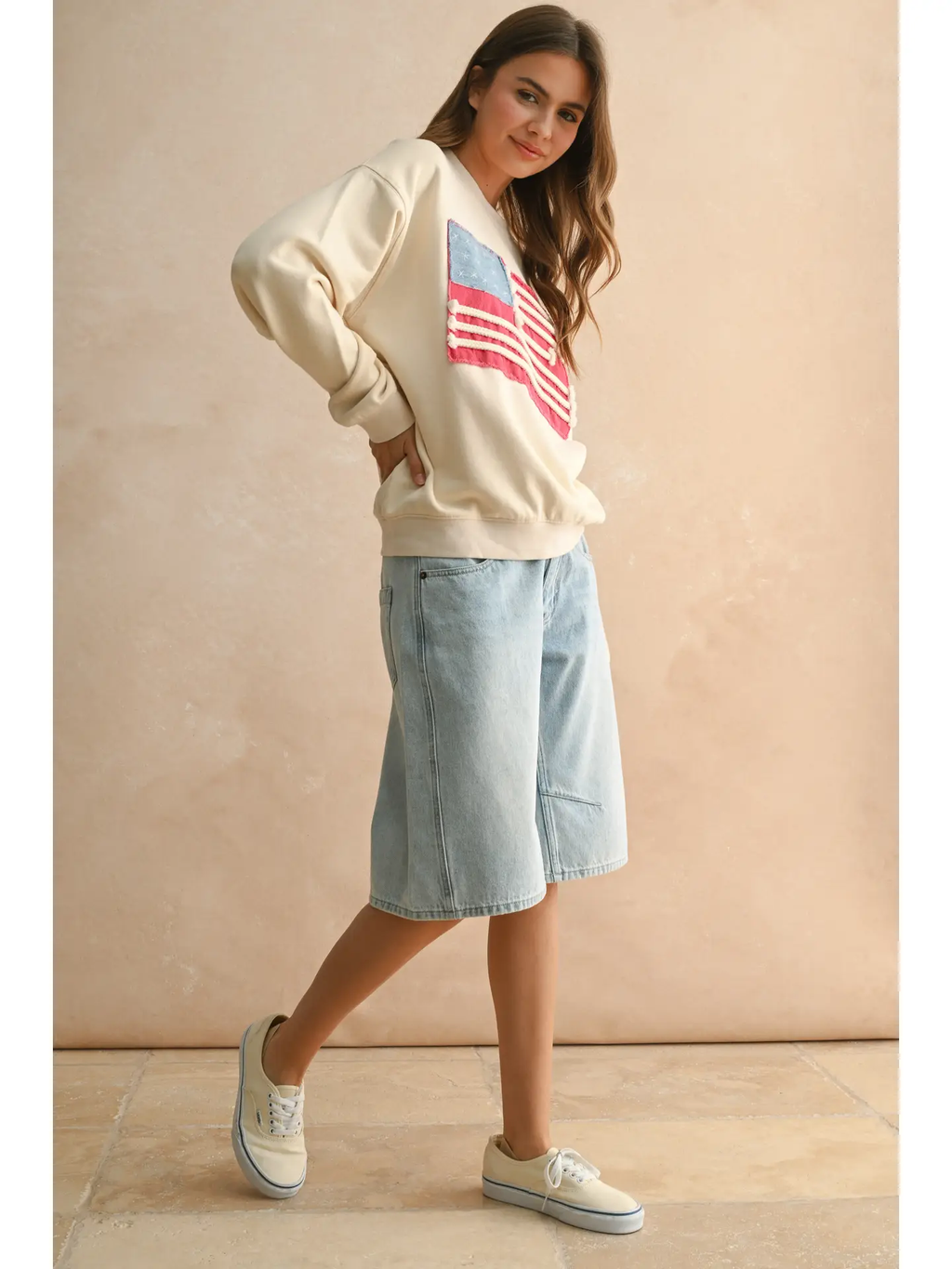 Flag Patch Front Detail Sweatshirts - Cream