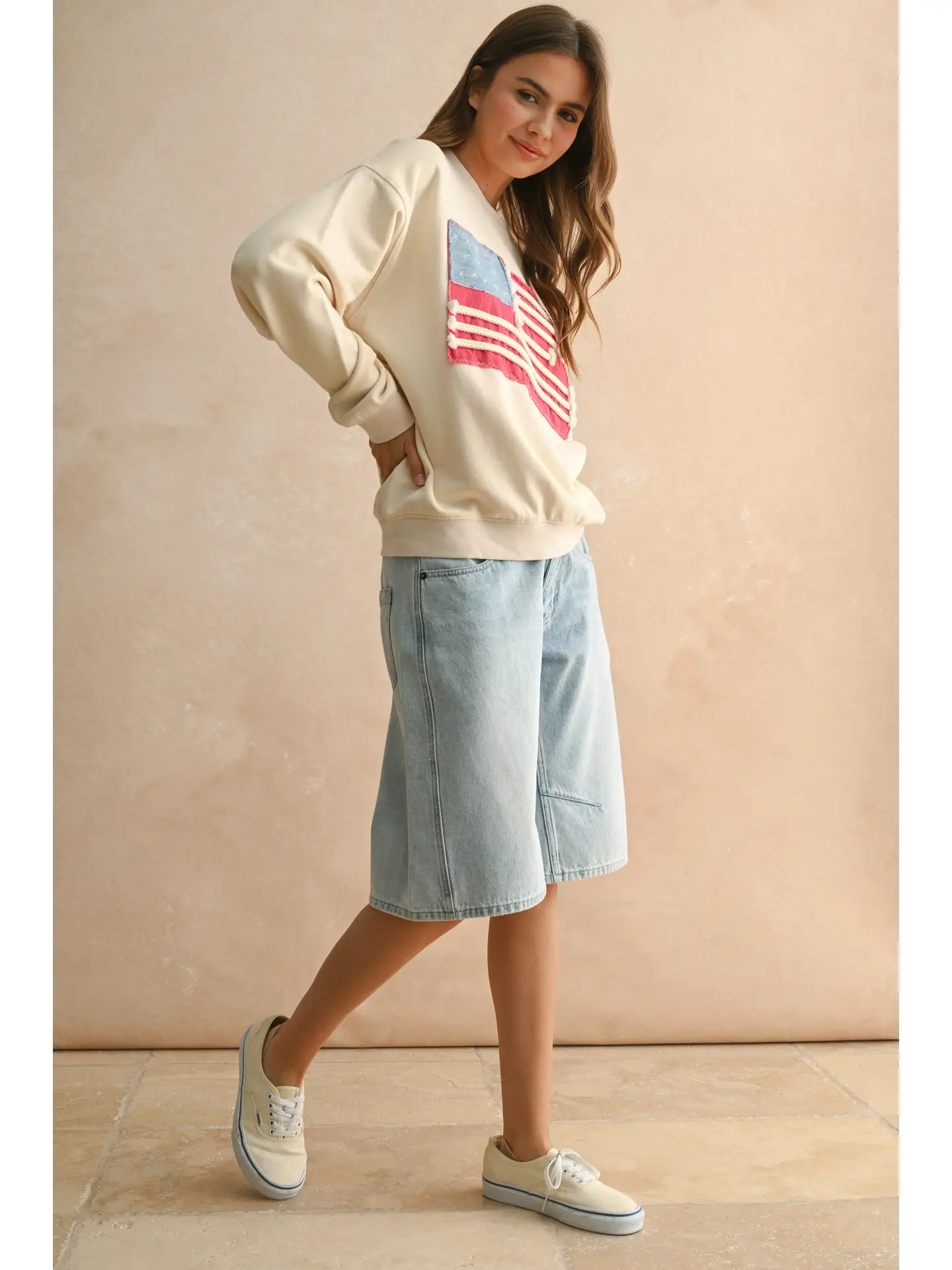 Flag Patch Front Detail Sweatshirts - Cream