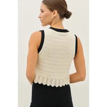 V-Neck Button-Down Crochet Sweater Top with Scallop Hem