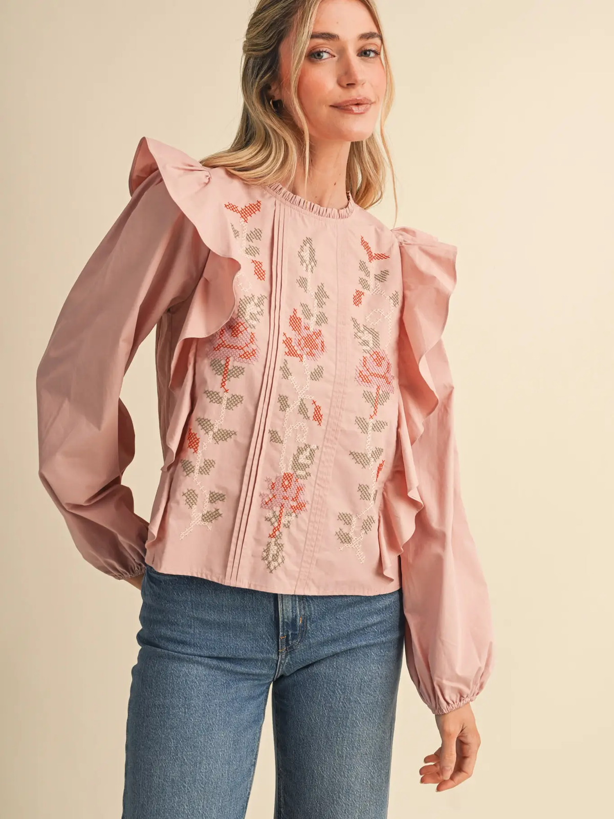 Floral Cross Stitch Ruffled Top - DUSTY ROSE
