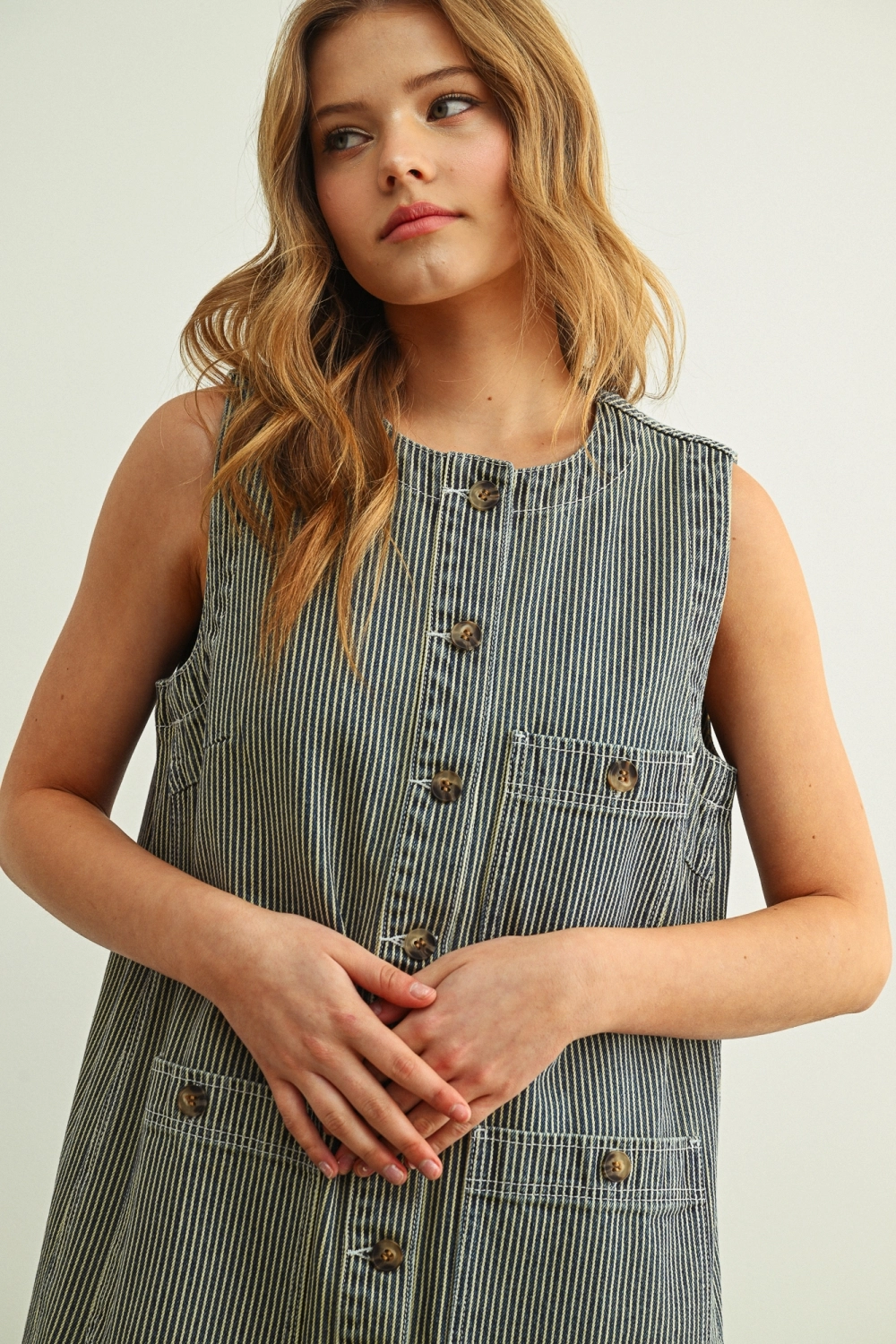 Striped Fabric Button Front Denim Dress