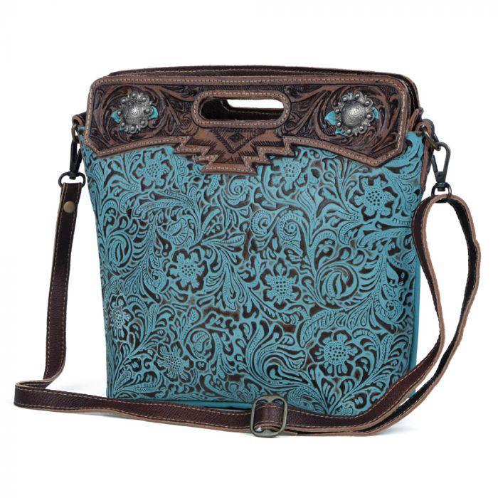 Myra Blue Blossoms Hand-Tooled Bag - S-3363