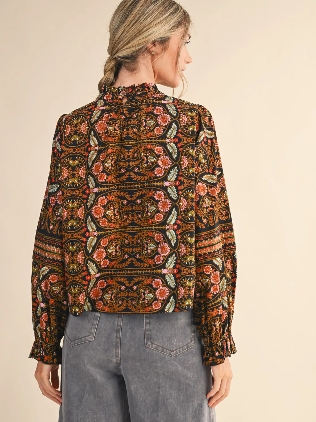 Exclusive Floral Print Top with Floral Trim - BLACK MULTI