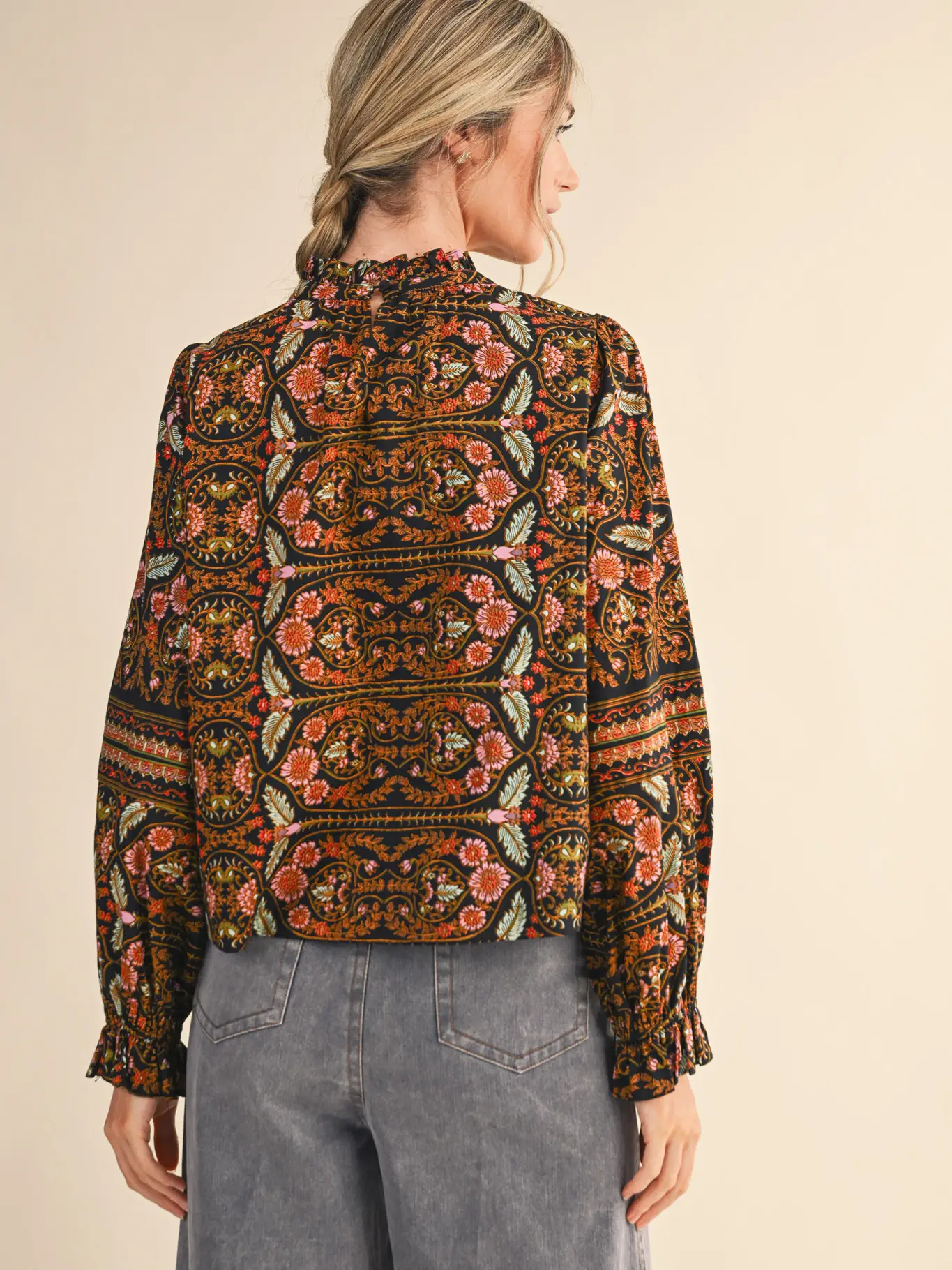 Exclusive Floral Print Top with Floral Trim - BLACK MULTI