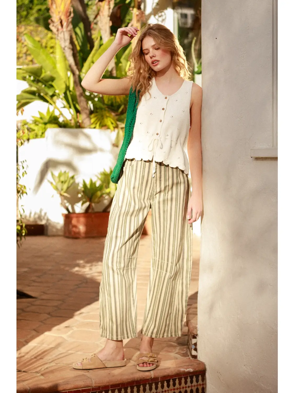 Multi Mix Stripe Printed Barrel Pants - GREEN MULTI