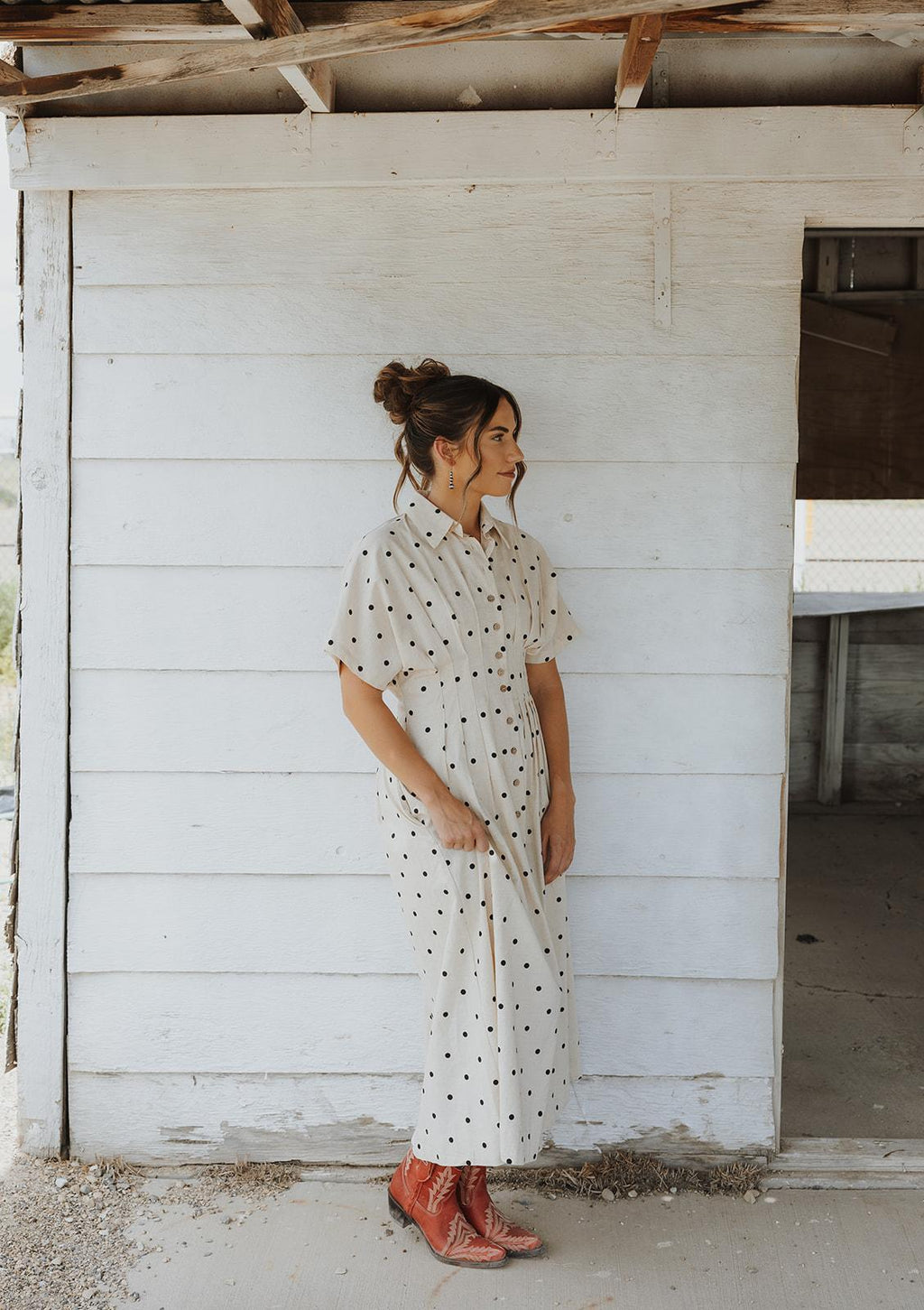 Polkadot Print Short Sleeve Button Front Dress