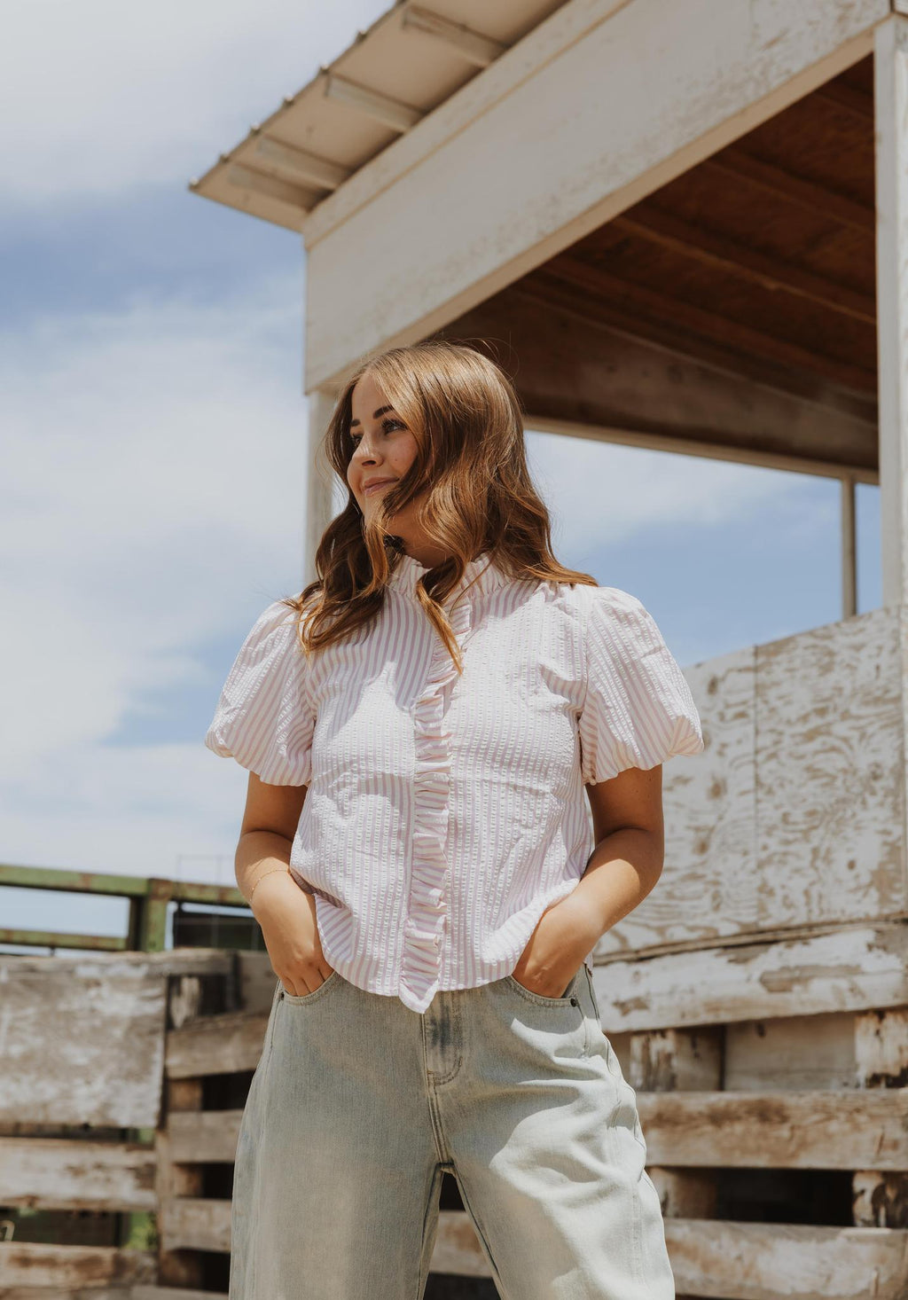 Striped Ruffle Button Down Top - Sweet Pink