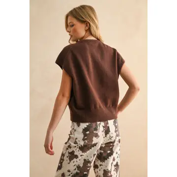 Loose Fit Short Sleeve Sweater Top - CHOCOLATE