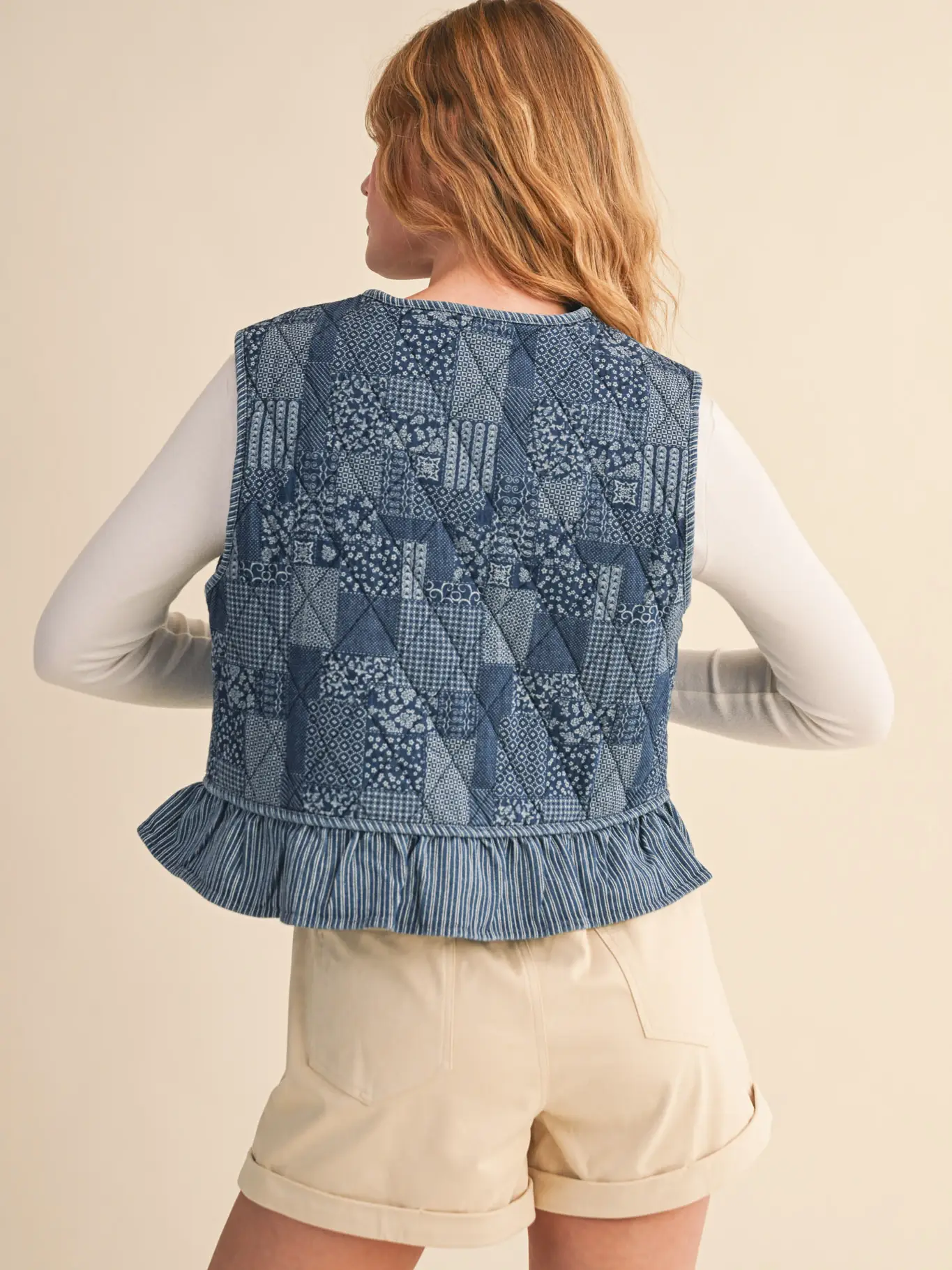 Quilted Printed Denim Ruffle Trim - dark denim