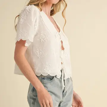 Tie Front Collared Lace Top - WHITE