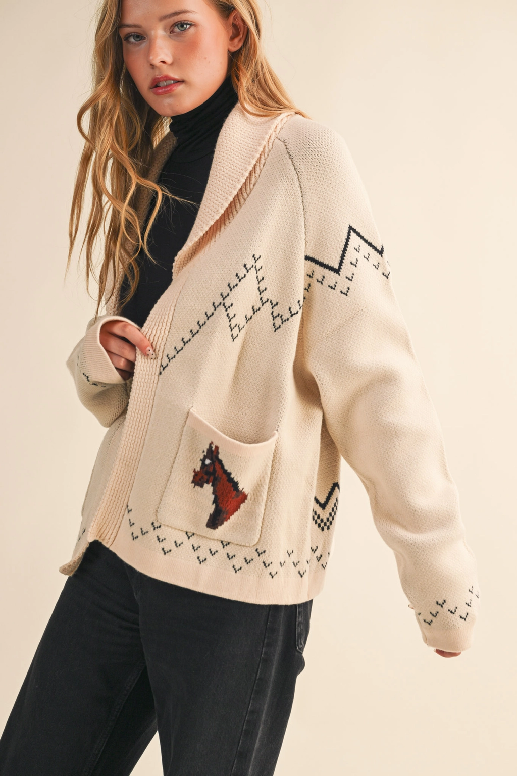 Horse Knit Sweater Cardigan - Beige Taupe