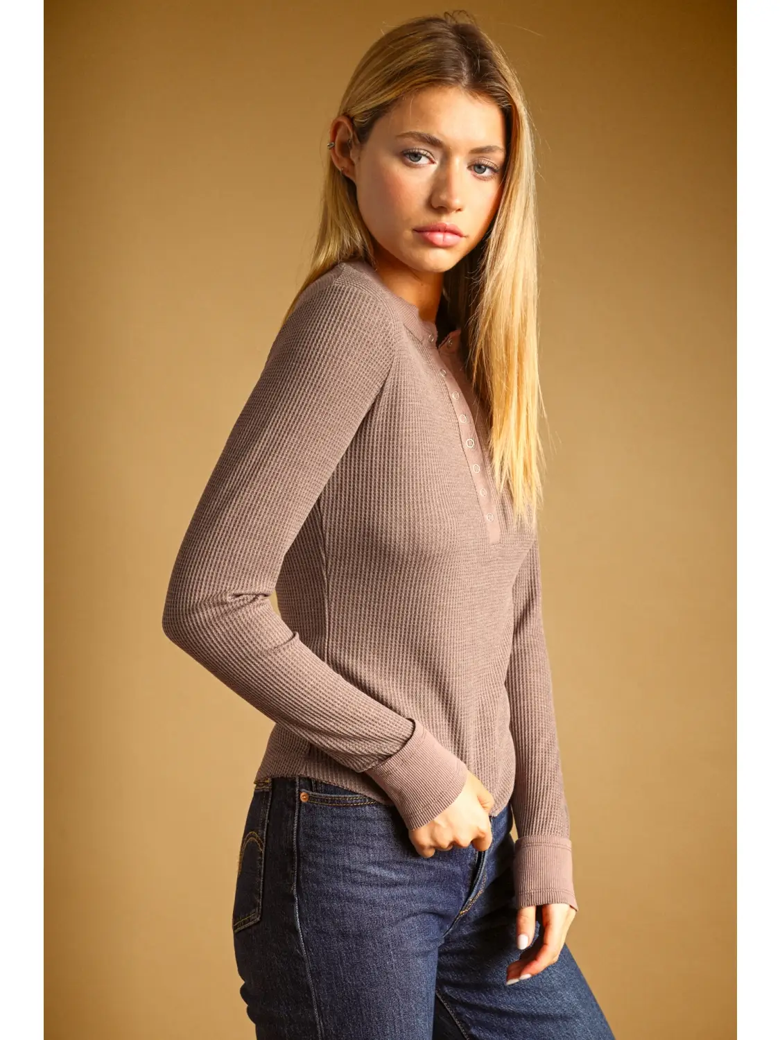 Half Snap Button Waffle Fabric Long Sleeve Top - CHOCOLATE