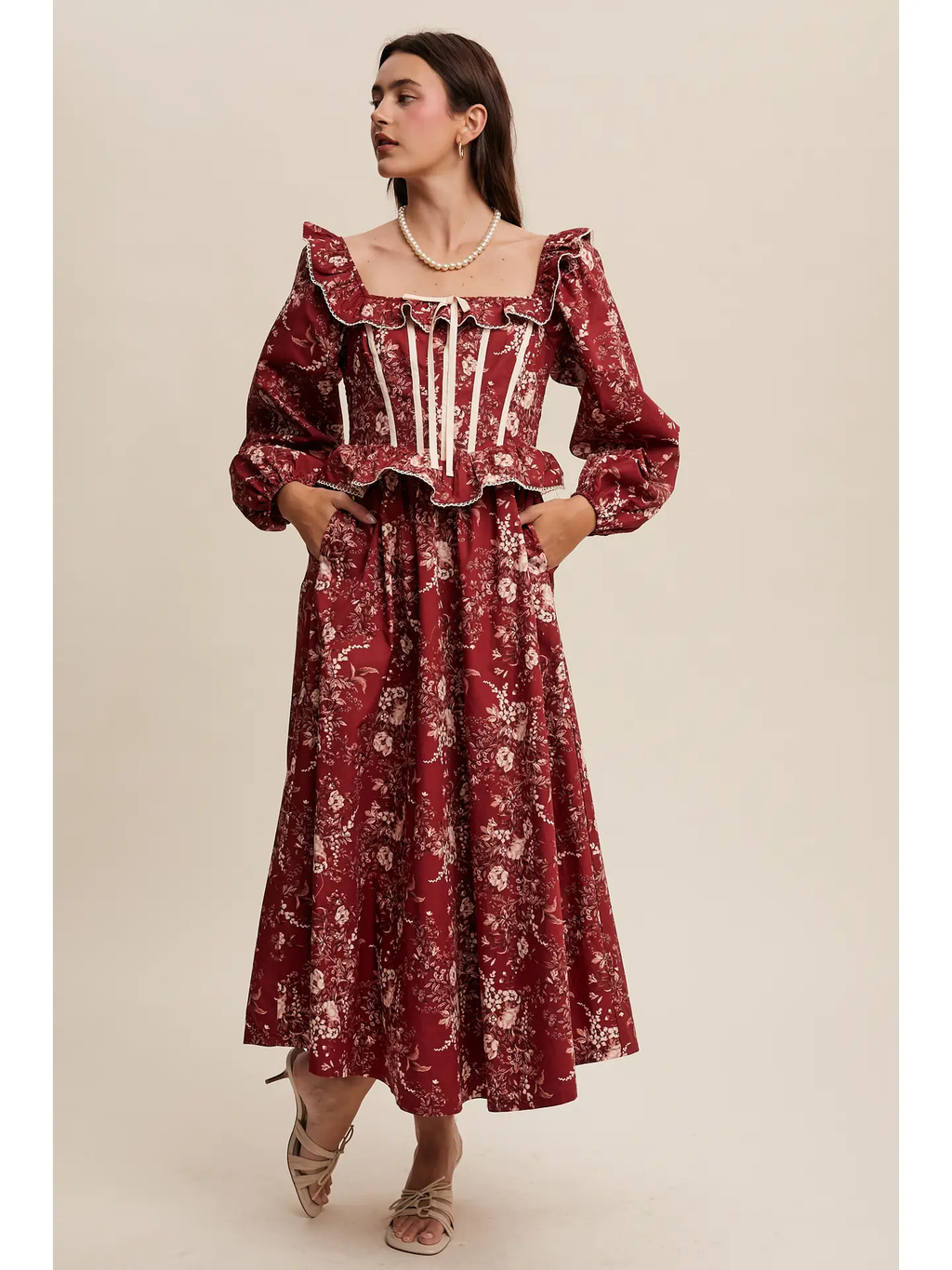 Floral Corset Ruffle Midi Dress - CRIMSON