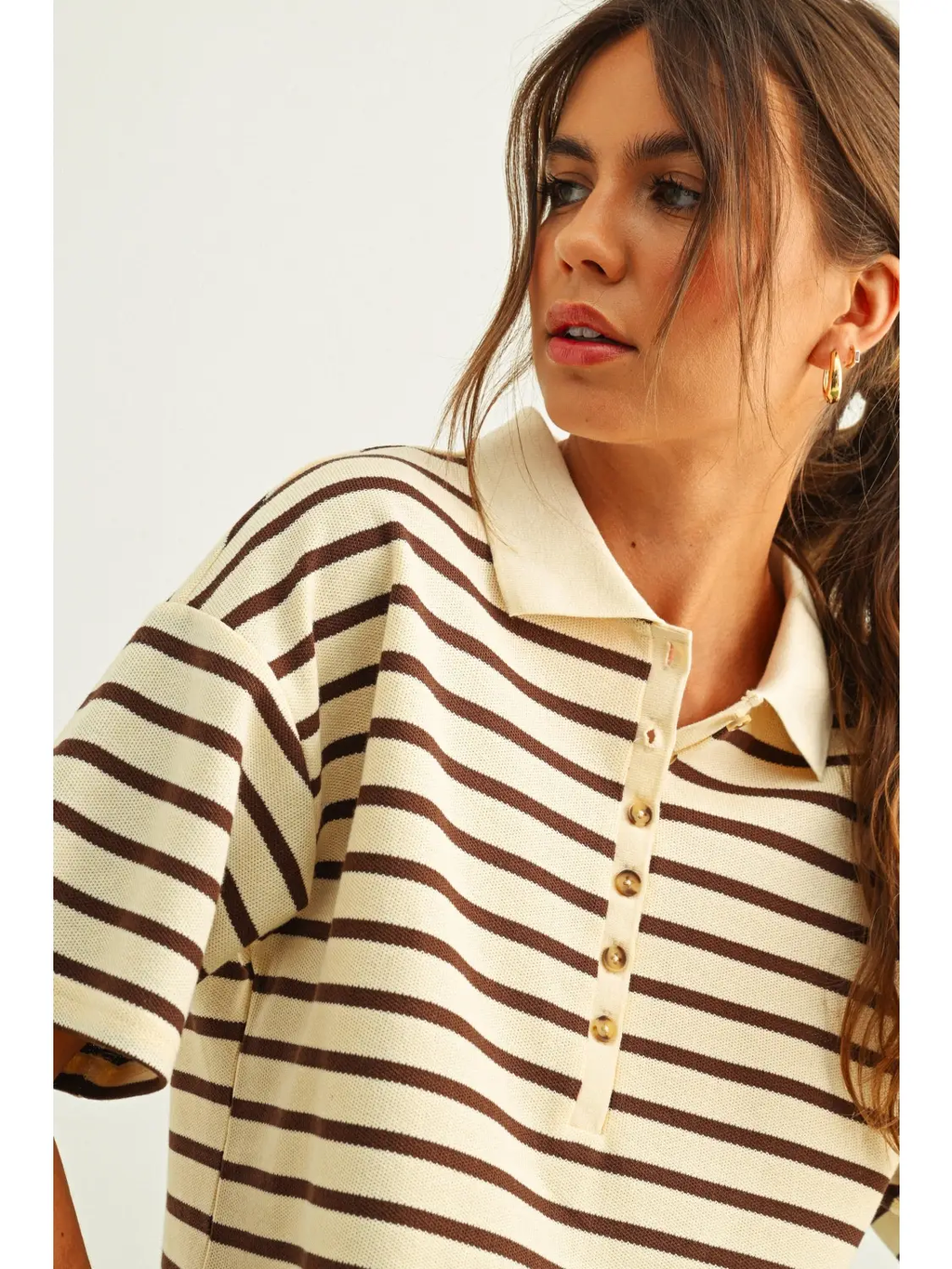 Stripe Pattern Short Sleeve Polo Shirts - CREAM & BROWN