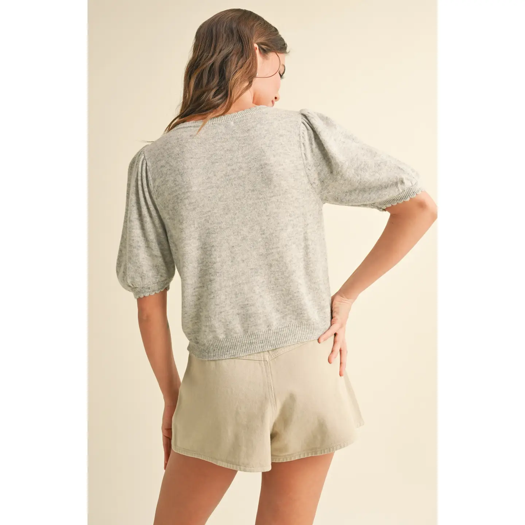 Puff Short Sleeve Button Down Knit Cardigan - Heather Grey