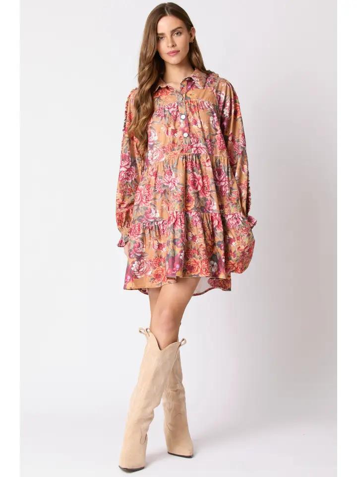 Vintage Floral Printed Corduroy Shirt Dress - Mustard