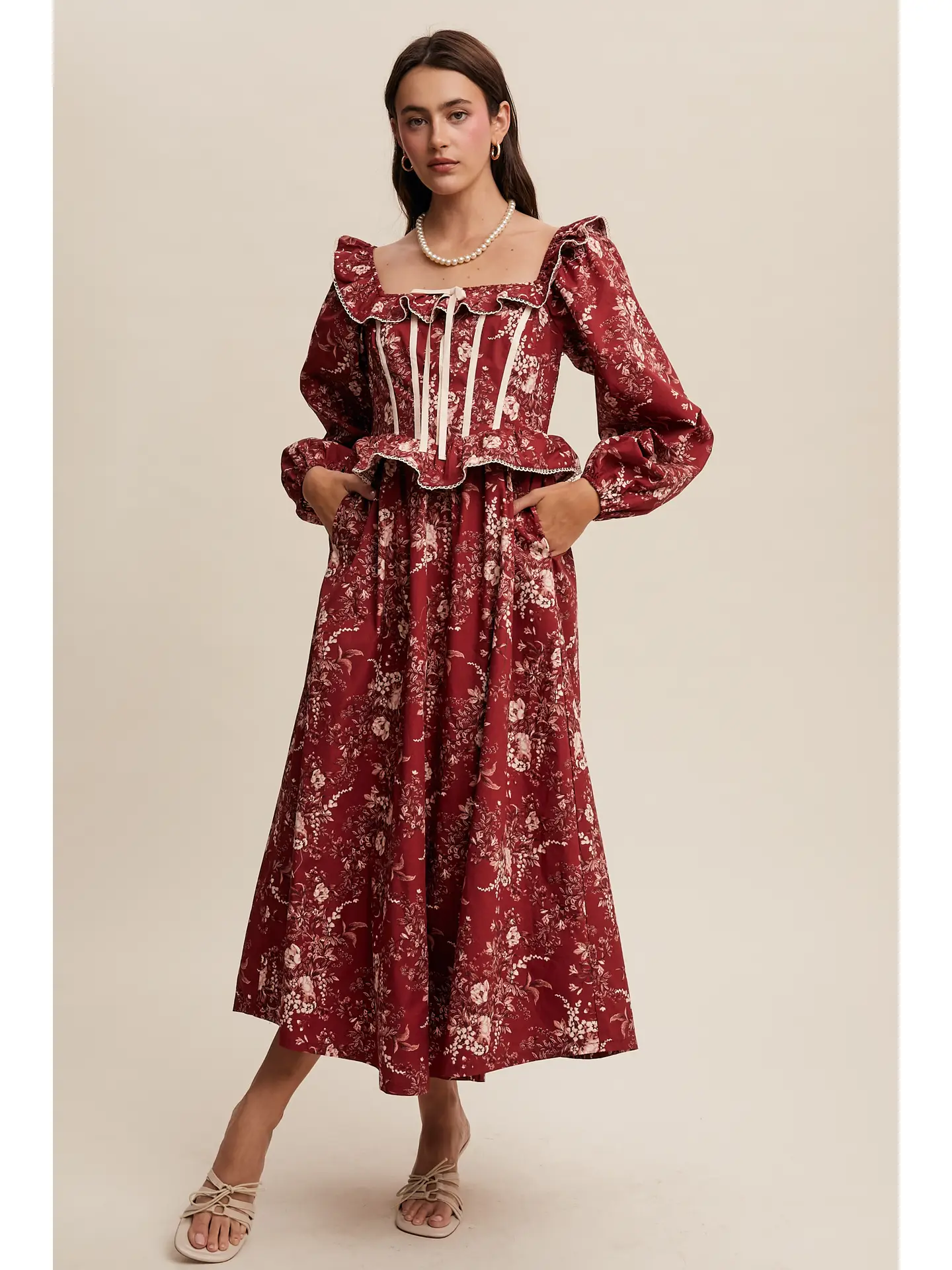 Floral Corset Ruffle Midi Dress - CRIMSON