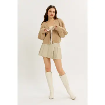 Warm Hug Cable Sweater Cardigan with Ribbon Tie - LATTE