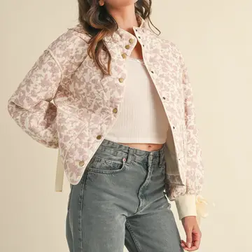 Floral Quilted Jacket with Ribbon Detail - IVORY PINK FLORAL