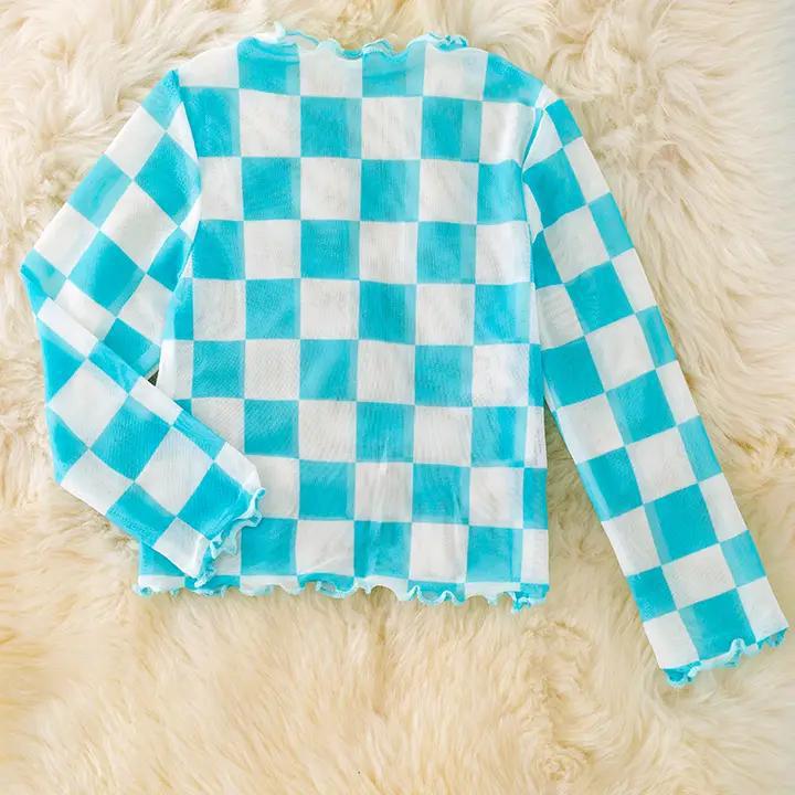 Aqua & White Checkered Mesh Top