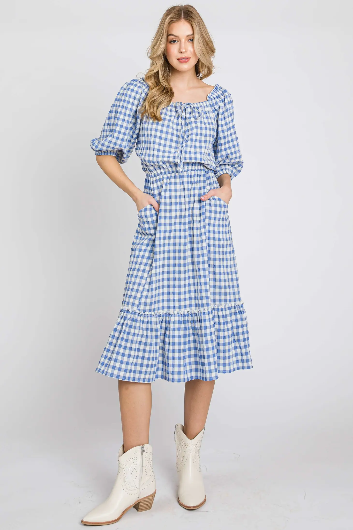 TEXTURED GINGHAM PUFF SLEEVE TIERED DRESS