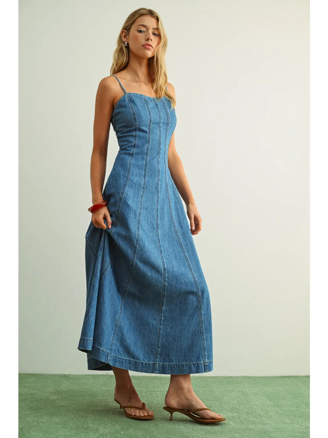 Paneled Maxi Washed Denim Dress