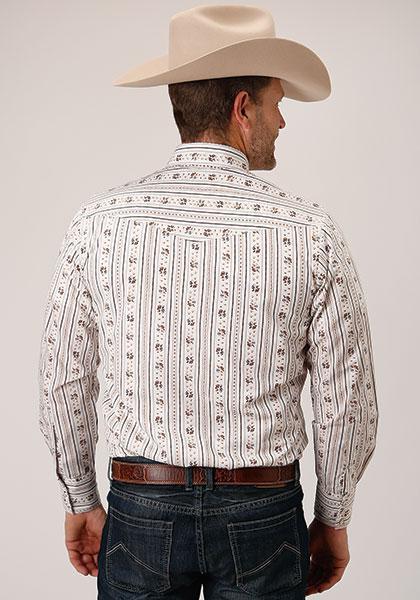 MENS L/S SHIRT SNAP PRINT 1501 BROWN & BLUE WALLPAPER STRIPE 01-001-0019-3058