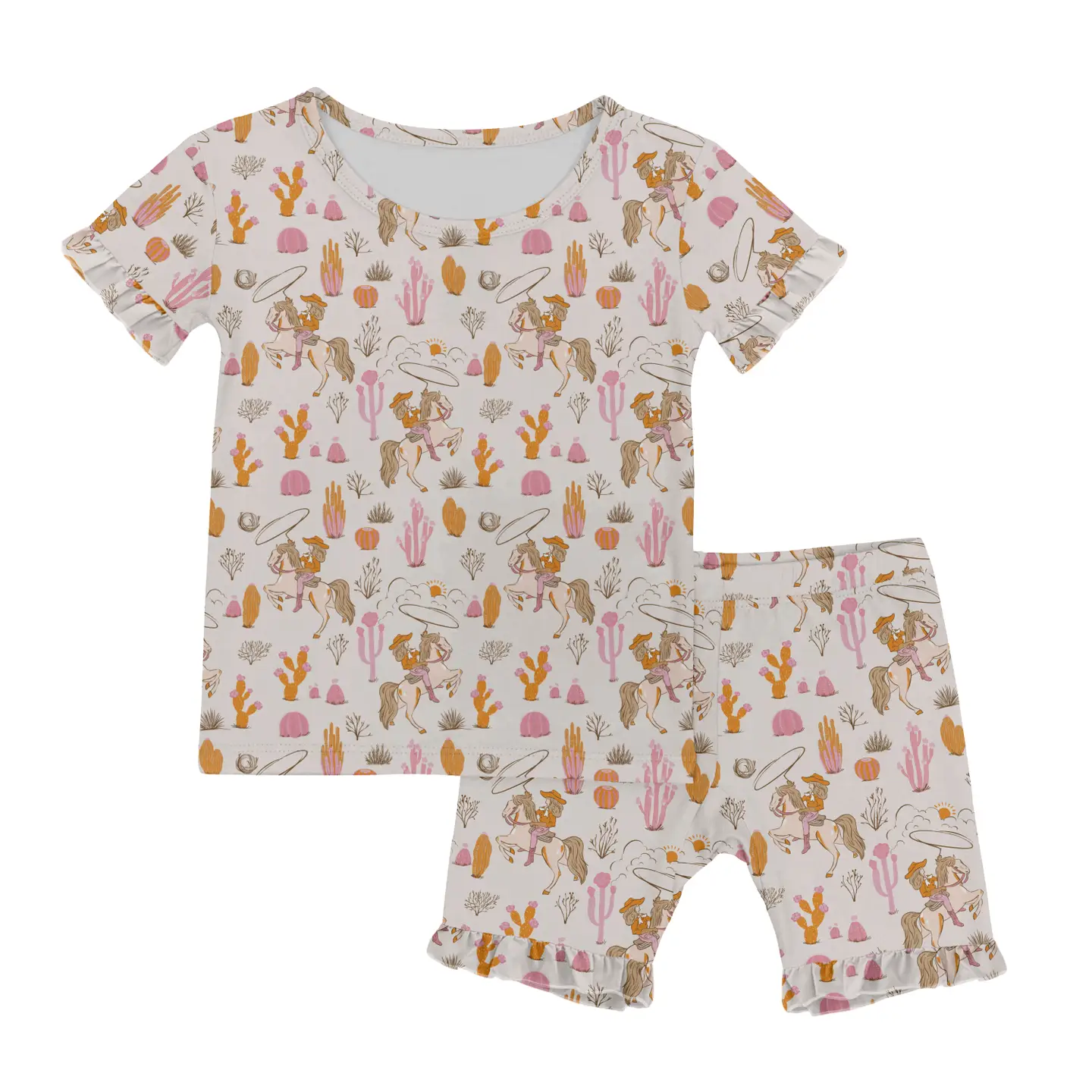 SHORT SLEEVE 2PC PJ'S WITH RUFFLES - SADDLE UP, COWGIRL!