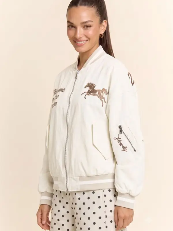 Retro Rodeo Embroidered Bomber Jacket - CREAM